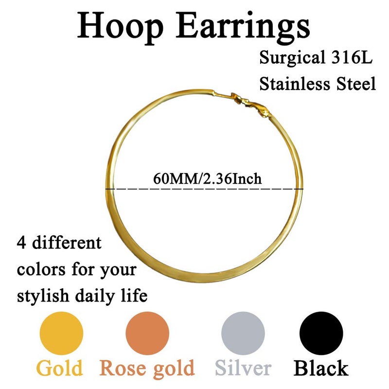 Liffly Gold Hoop Earrings Stainless Steel Earrings for Women 2.36" Simple Hoops Flatten 18K Rose Gold Plated Black Silver Earrings - Image 2